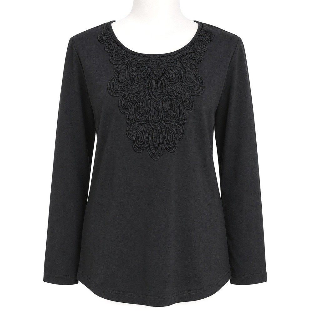Chicos Black Crochet Lace Medallion Neck‎ Cotton Top 3/4 Sleeve Size 2 570360784
